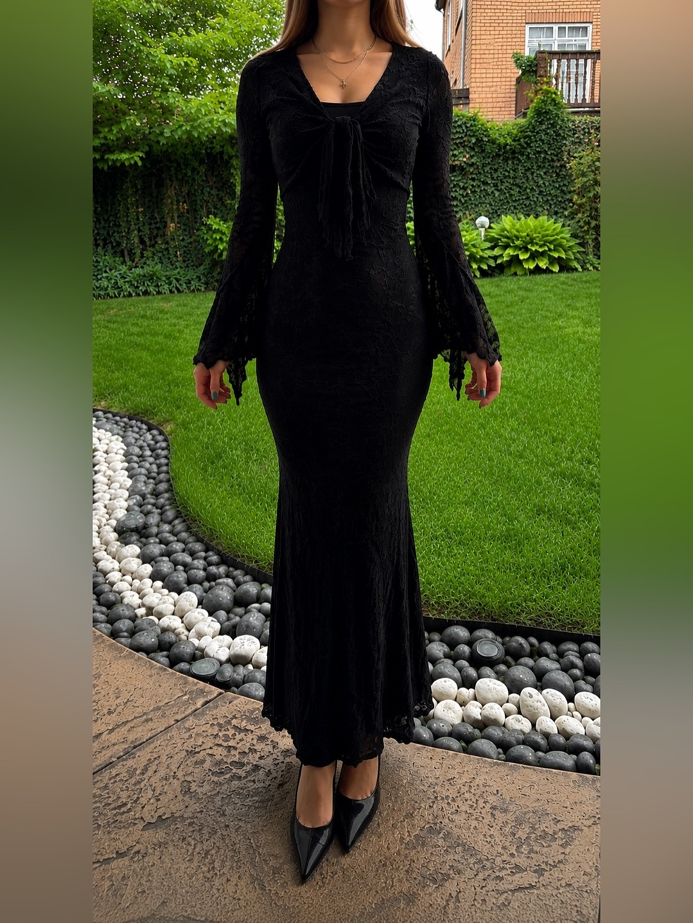SHEIN Black Lace Maxi Dress XS Bell Sleeve Tie Front NWOT